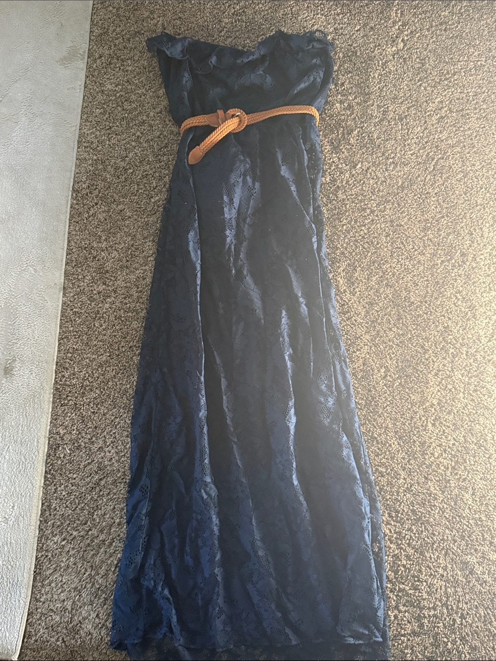 Trixxi Navy Lace Strapless Maxi with Braided Tan Belt
